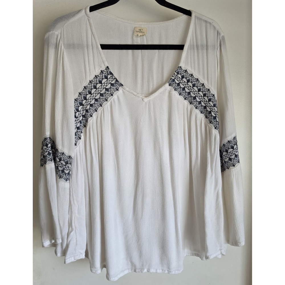 O'Neill Women XL White Embroidered V-Neck Long Sleeve Blouse Top Shirt Boho